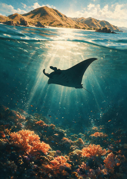 Raie manta au-dessus du récif, œuvre Blue Odyssey