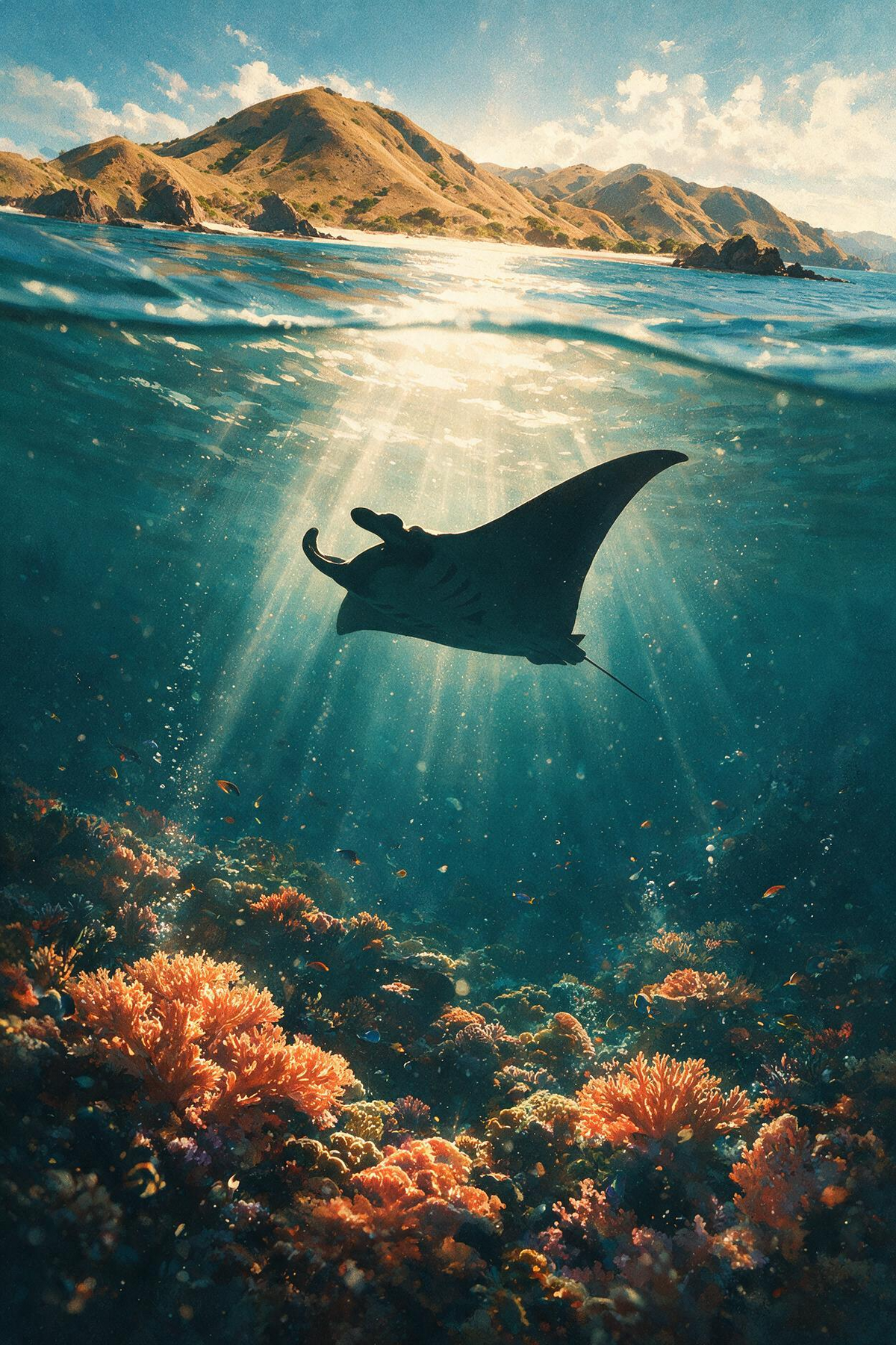 Raie manta au-dessus du récif, œuvre Blue Odyssey