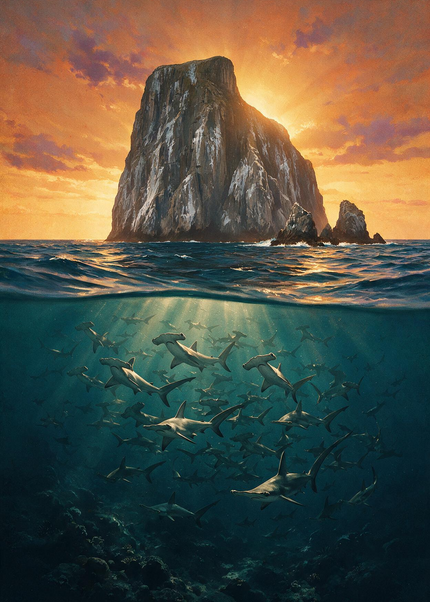 Requins-marteaux sous un rocher marin au soleil couchant