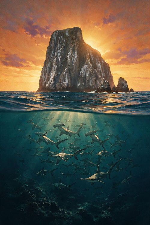 Requins-marteaux sous un rocher marin au soleil couchant