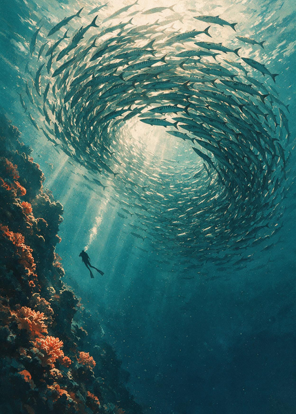 Banc de poissons en spirale près d’un plongeur