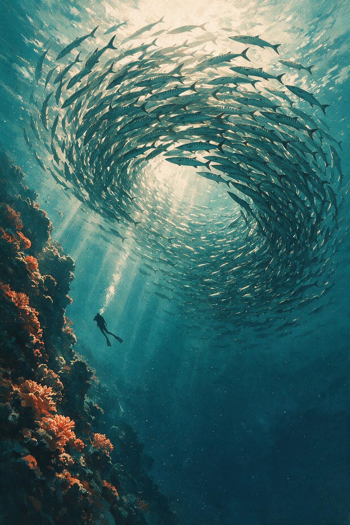 Banc de poissons en spirale près d’un plongeur
