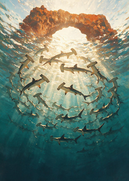 Banc de requins-marteaux sous une arche rocheuse illuminée, illustration Blue Odyssey
