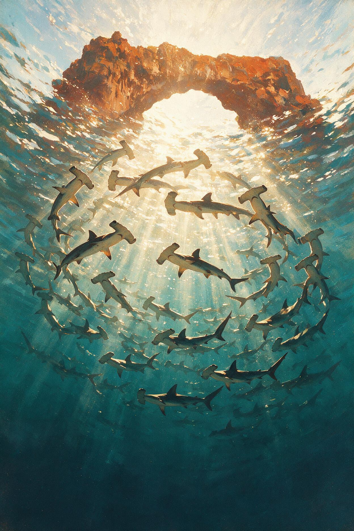 Banc de requins-marteaux sous une arche rocheuse illuminée, illustration Blue Odyssey