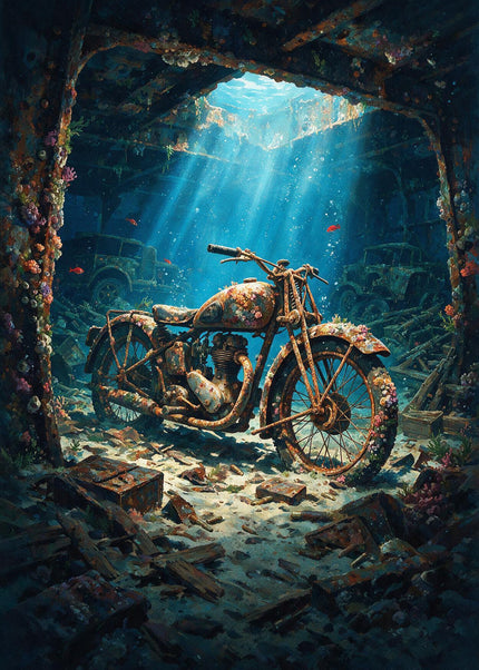 An old weathered motorcycle inside a sunken wreck, surrounded by metal structures and blue underwater light.