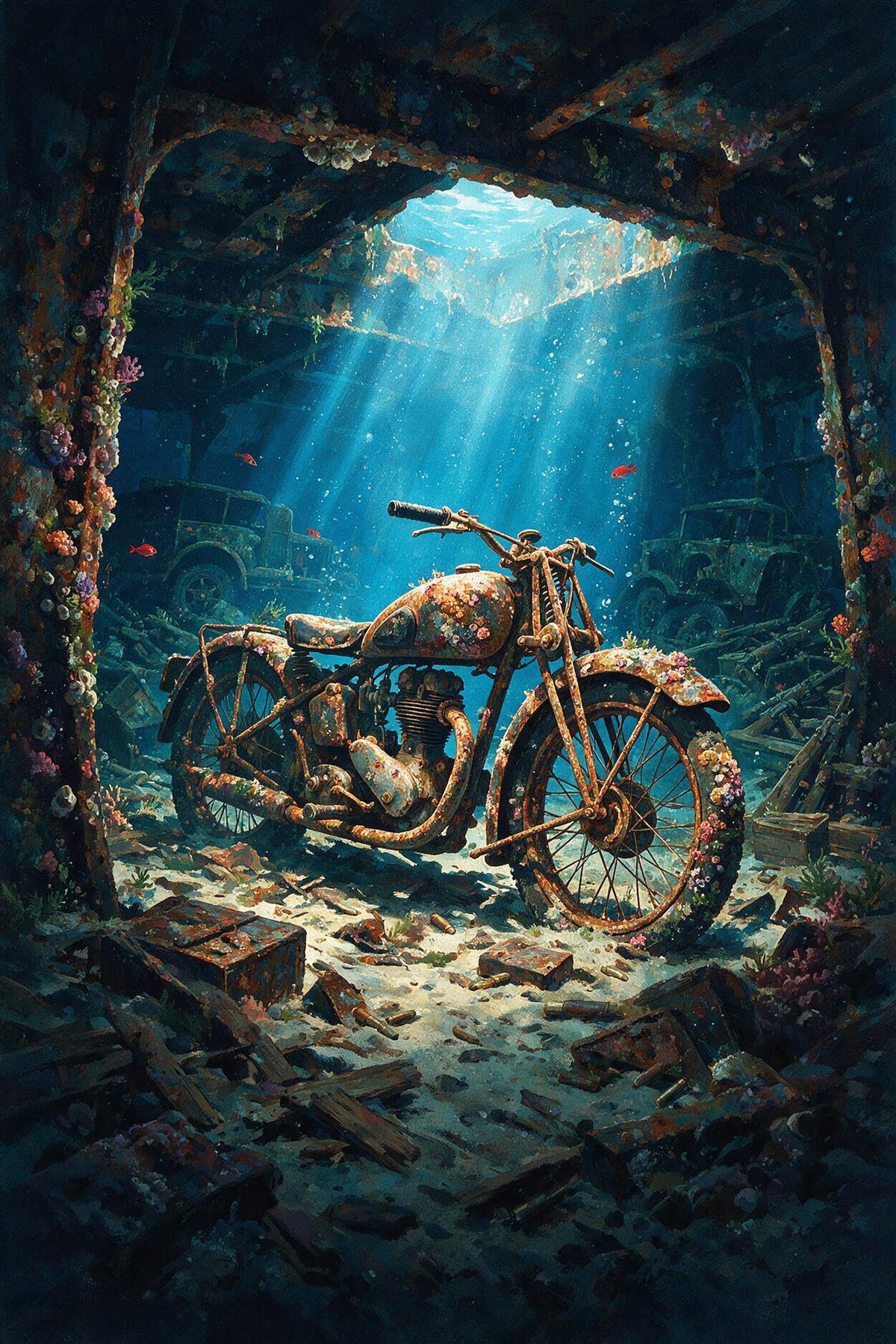 Moto ancienne au cœur d’une épave sous-marine, entourée de structures métalliques et éclairée par une lumière bleue.
