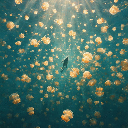 Nuée de méduses orangées et dorées éclairées par des rayons de soleil dans une eau bleu-vert.