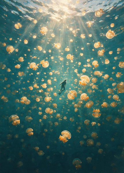 Nuée de méduses orangées et dorées éclairées par des rayons de soleil dans une eau bleu-vert.