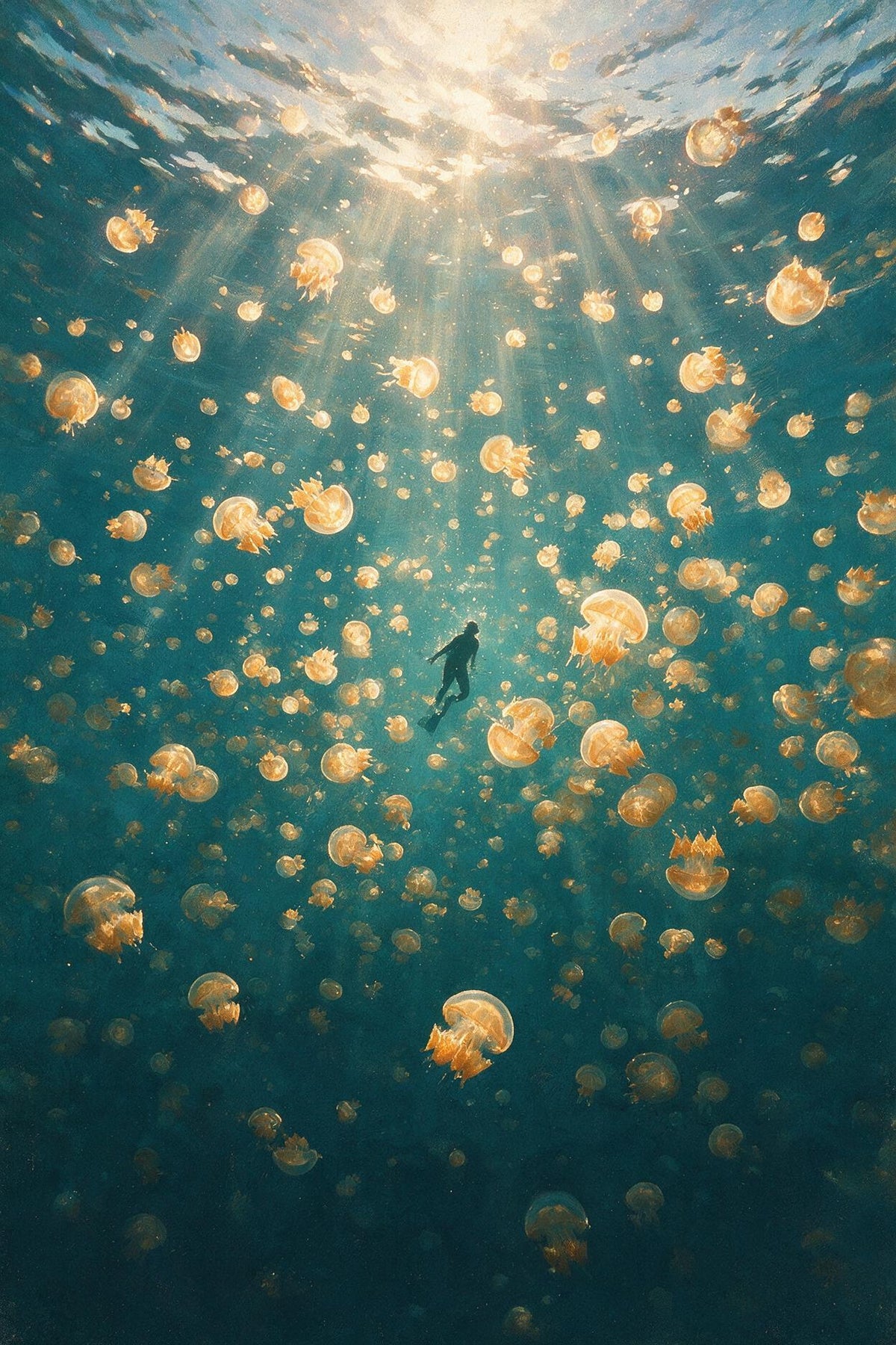 Nuée de méduses orangées et dorées éclairées par des rayons de soleil dans une eau bleu-vert.