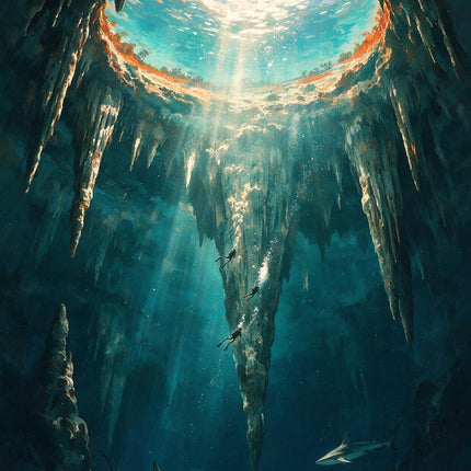 Painterly underwater cavern with dramatic sunlight, small divers and sharks in the depths.