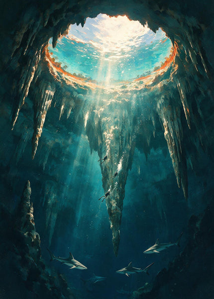 Painterly underwater cavern with dramatic sunlight, small divers and sharks in the depths.
