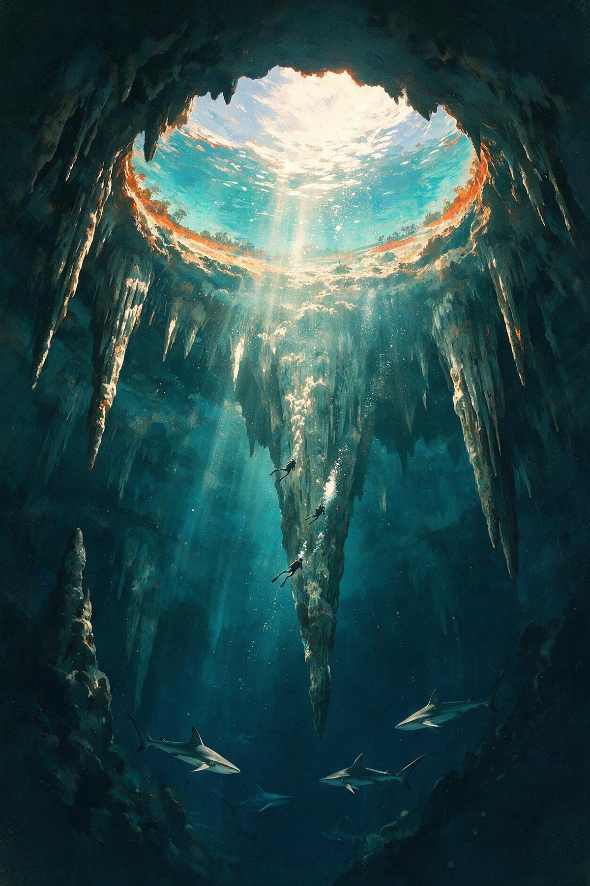 Illustration picturale d’une immense caverne sous-marine éclairée par une ouverture lumineuse, avec plongeurs et requins en profondeur.