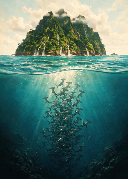 A group of hammerhead sharks swimming beneath the sunlit ocean surface.