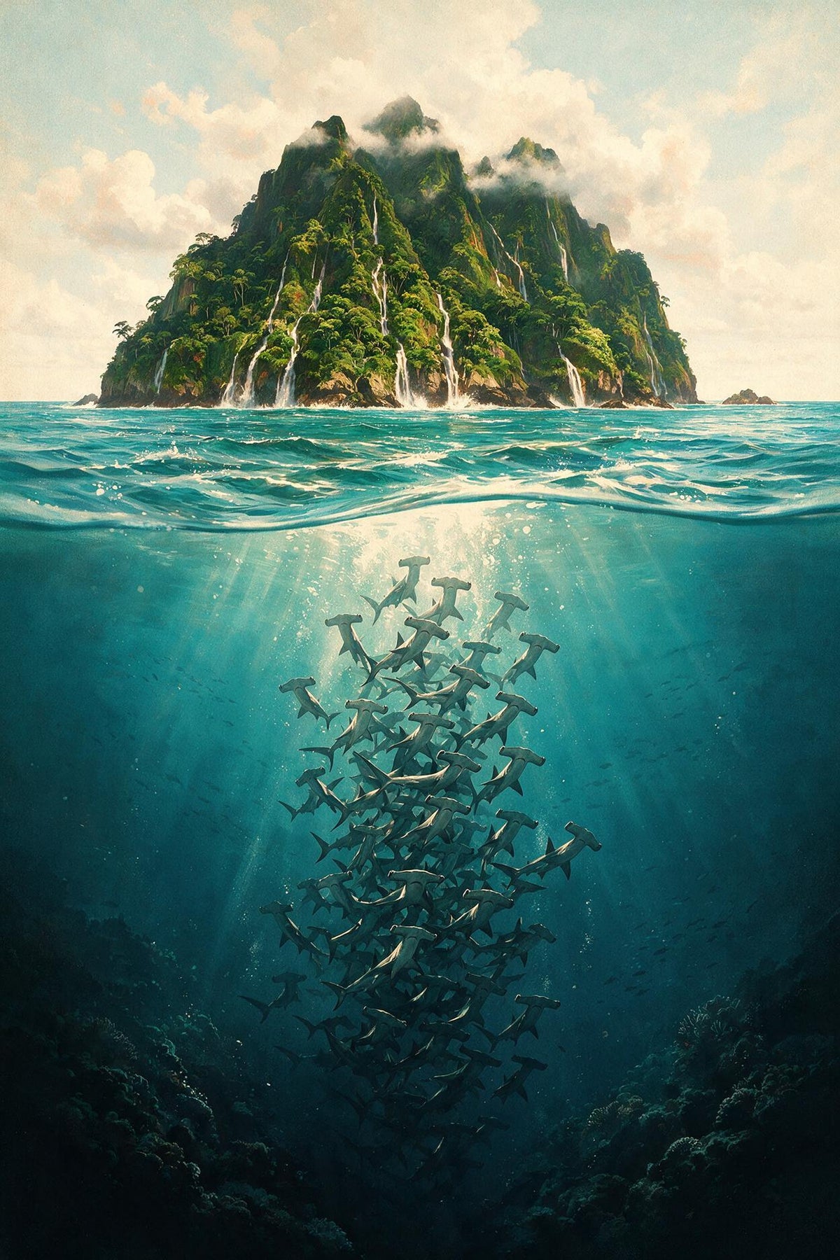 A group of hammerhead sharks swimming beneath the sunlit ocean surface.