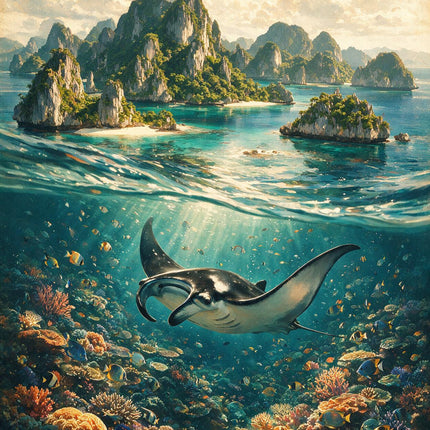 Split-level illustration of tropical islands above the water and a manta ray over a colourful coral reef.