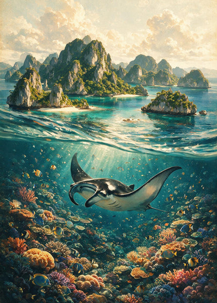 Illustration mi-air mi-eau d’îles tropicales avec une raie manta au-dessus d’un récif corallien coloré.