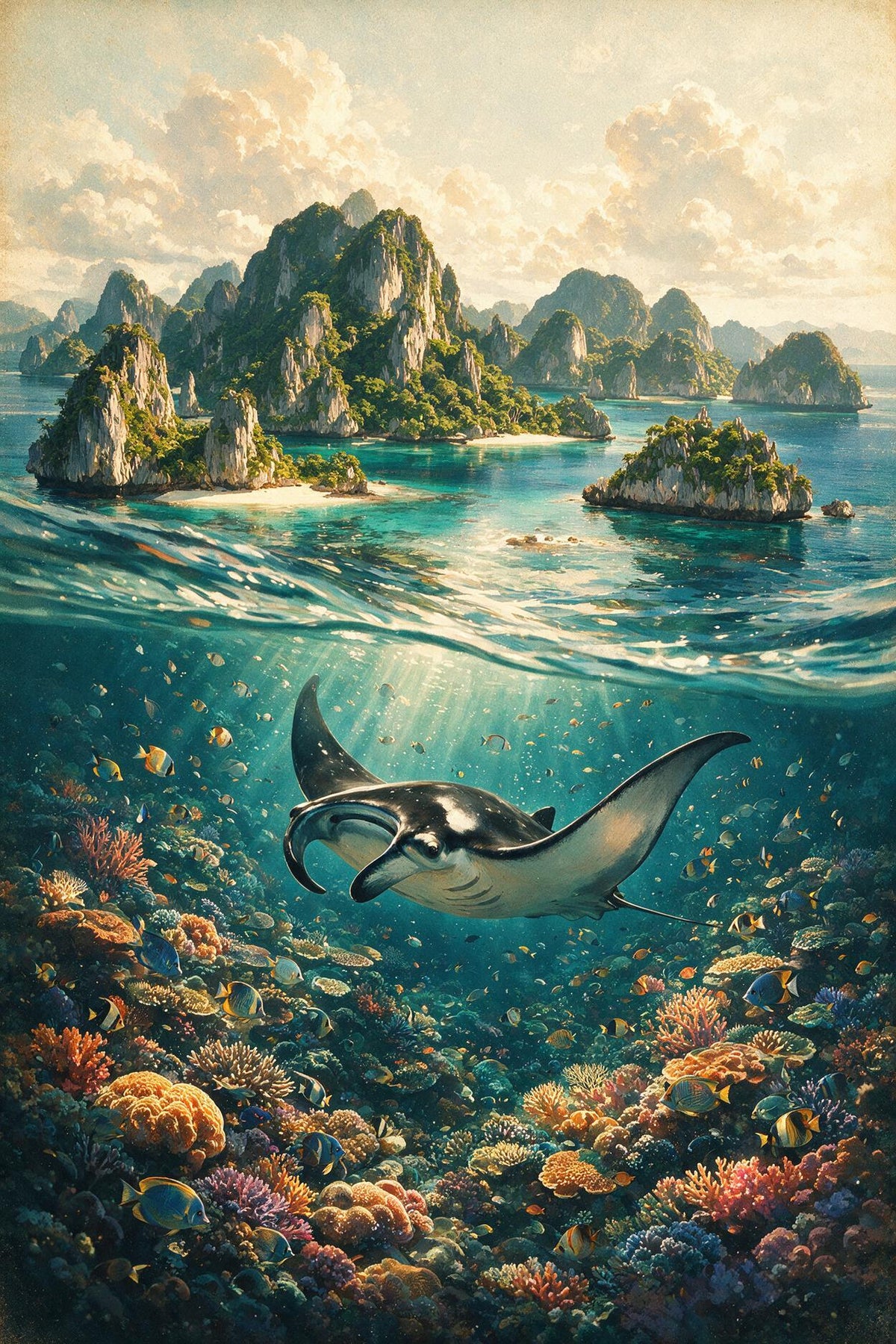 Split-level illustration of tropical islands above the water and a manta ray over a colourful coral reef.