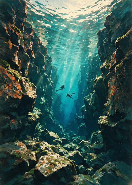 Deux plongeurs évoluent dans une faille sous-marine rocheuse éclairée par des rayons de lumière turquoise.