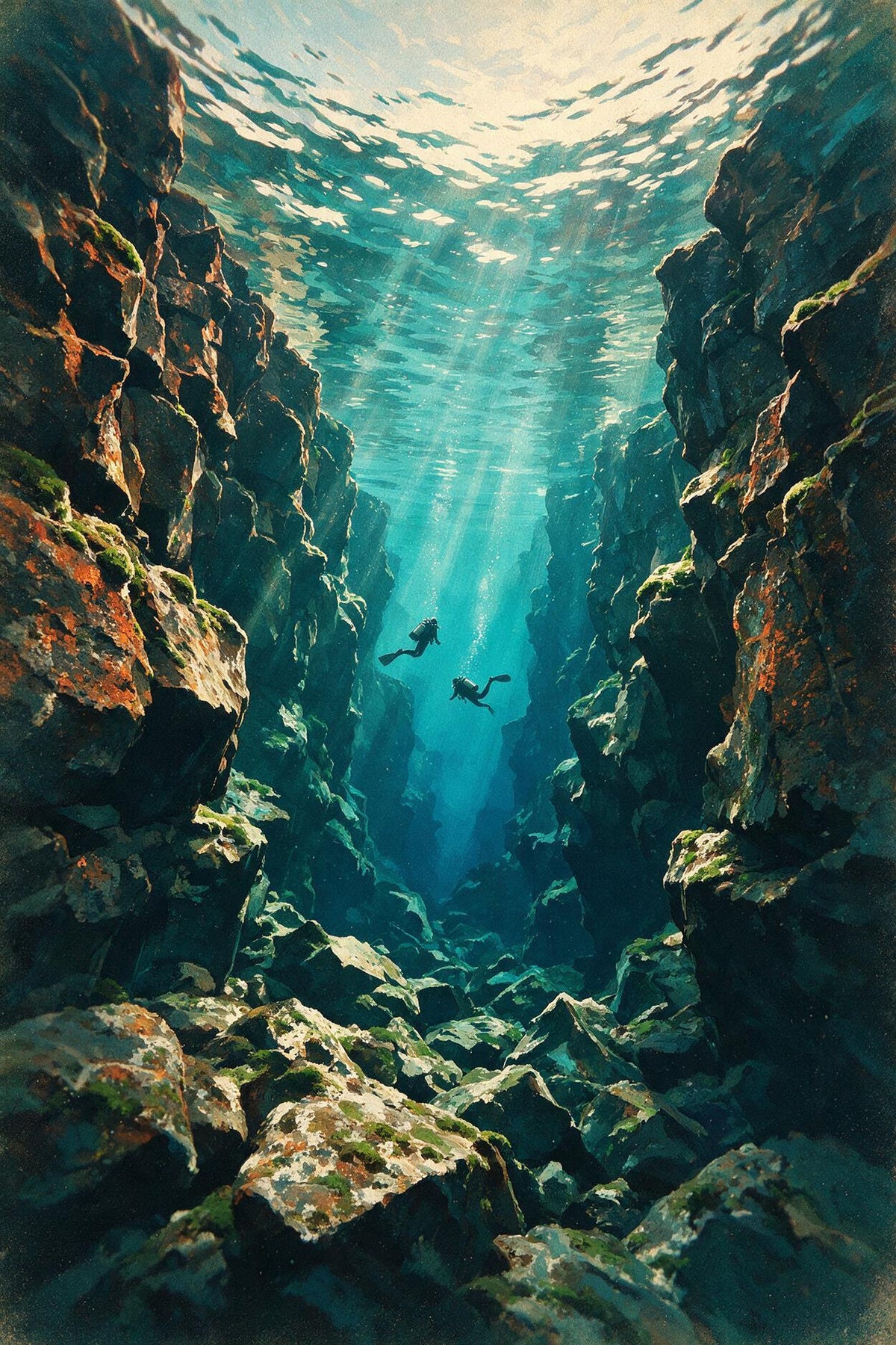Deux plongeurs évoluent dans une faille sous-marine rocheuse éclairée par des rayons de lumière turquoise.
