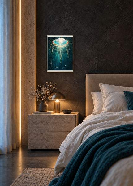 Le Portail — mise en situation encadrée dans une chambre, format 30 × 40 cm.