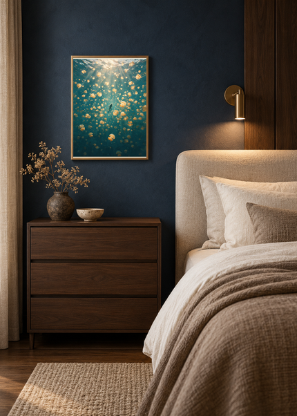 La Pluie d’Or — mise en situation encadrée dans une chambre, format 30 × 40 cm.