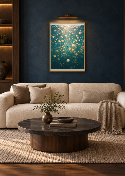 La Pluie d’Or — mise en situation encadrée dans un salon, format 50 × 70 cm.