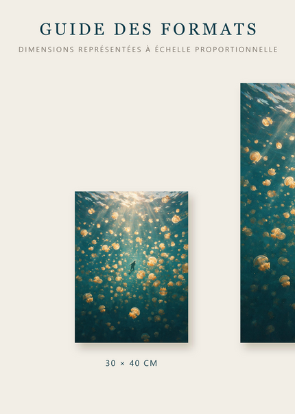 Formats disponibles pour La Pluie d’Or : A4, 30 × 40 cm et 50 × 70 cm
