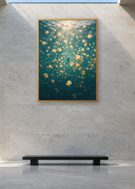 La Pluie d’Or encadré dans une galerie contemporaine