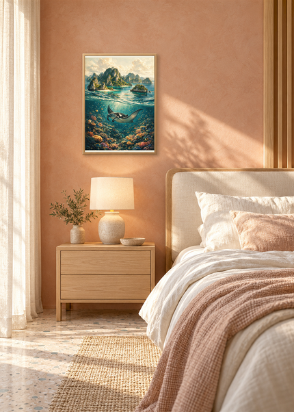 Le Vol Silencieux — mise en situation encadrée dans une chambre, format 30 × 40 cm.