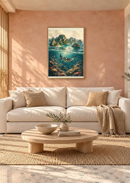 Le Vol Silencieux — mise en situation encadrée dans un salon, format 50 × 70 cm.