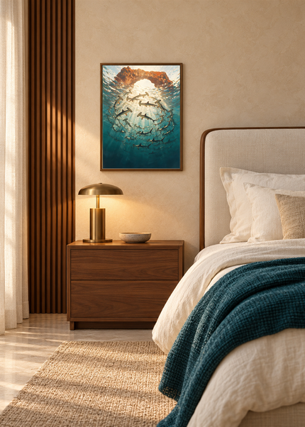 La Ronde des Ombres — mise en situation encadrée dans une chambre, format 30 × 40 cm.