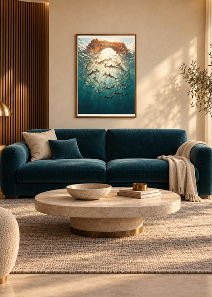 La Ronde des Ombres — mise en situation encadrée dans un salon, format 50 × 70 cm.