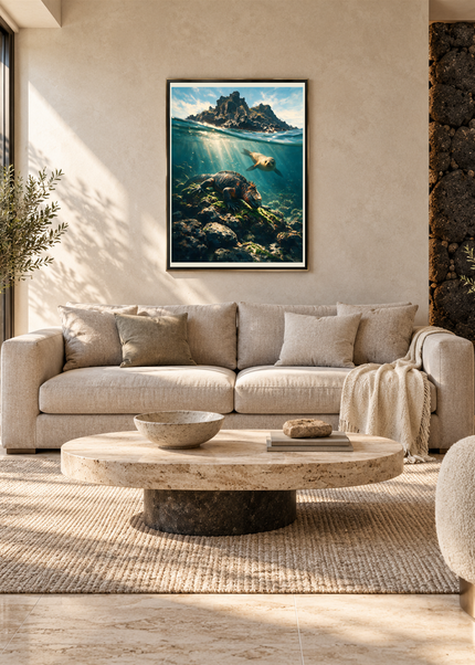 Les Gardiens du Rivage — mise en situation encadrée dans un salon, format 50 × 70 cm.