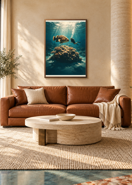 Face au Géant — mise en situation encadrée dans un salon, format 50 × 70 cm.