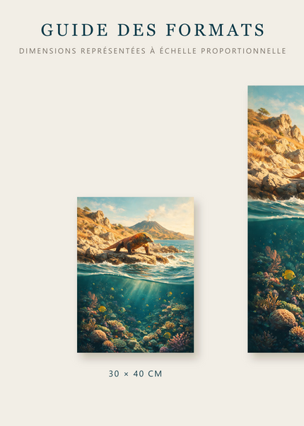 Formats disponibles pour Le Gardien du Volcan : A4, 30 × 40 cm et 50 × 70 cm