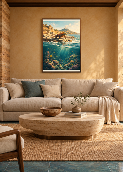 Le Gardien du Volcan — mise en situation encadrée dans un salon, format 50 × 70 cm.