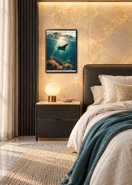 L’Ombre de la Manta — mise en situation encadrée dans une chambre, format 30 × 40 cm.