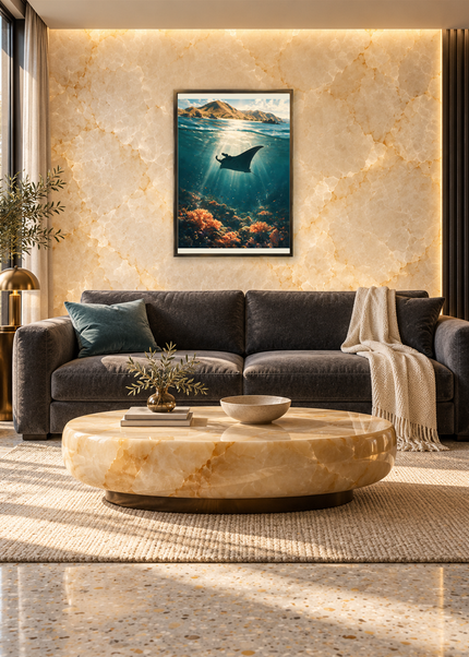 L’Ombre de la Manta — mise en situation encadrée dans un salon, format 50 × 70 cm.