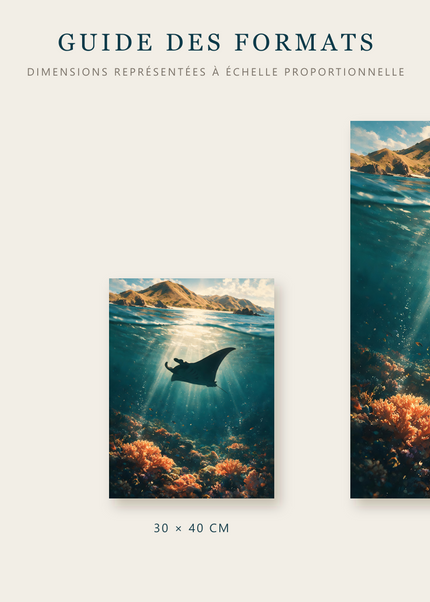 Formats disponibles pour L’Ombre de la Manta : A4, 30 × 40 cm et 50 × 70 cm