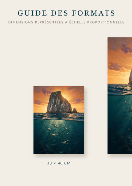 Formats disponibles pour Au Pied du Rocher : A4, 30 × 40 cm et 50 × 70 cm