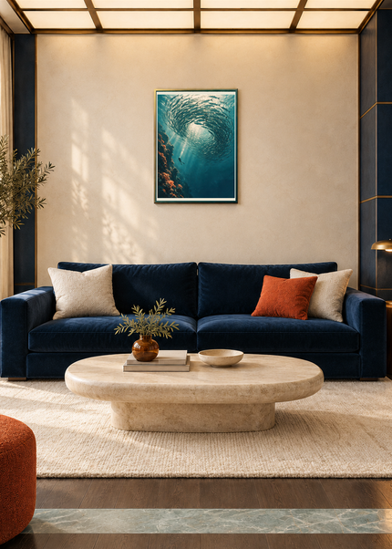 La Spirale Vivante — mise en situation encadrée dans un salon, format 50 × 70 cm.