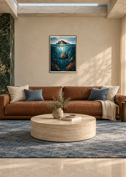 Gardien du Récif — mise en situation encadrée dans un salon, format 50 × 70 cm.