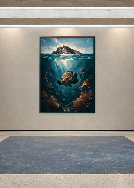 Le Géant des Profondeurs encadré dans une galerie contemporaine